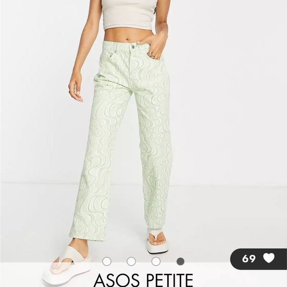 ASOS DESIGN Petite mid rise '90s' straight leg jean in green swirl print - Picture 3 of 3